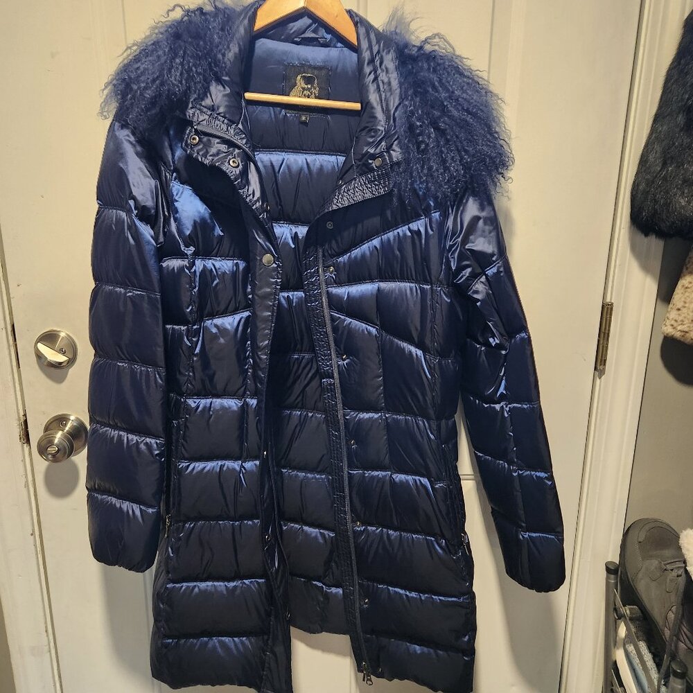 Mad Bomber Womens XL Navy Blue 3/4 Length Puffer Jacket Tibetan Lamb Trim